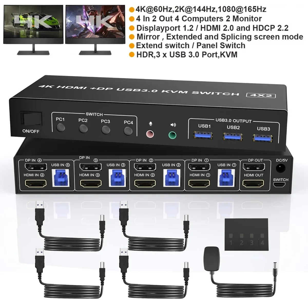 IHDAPP IHDAPP 4K@60Hz DP+HDMI Dual Monitor KVM Switch 4 PCs 3 USB 3.0 Ports Wired Remote — product photo