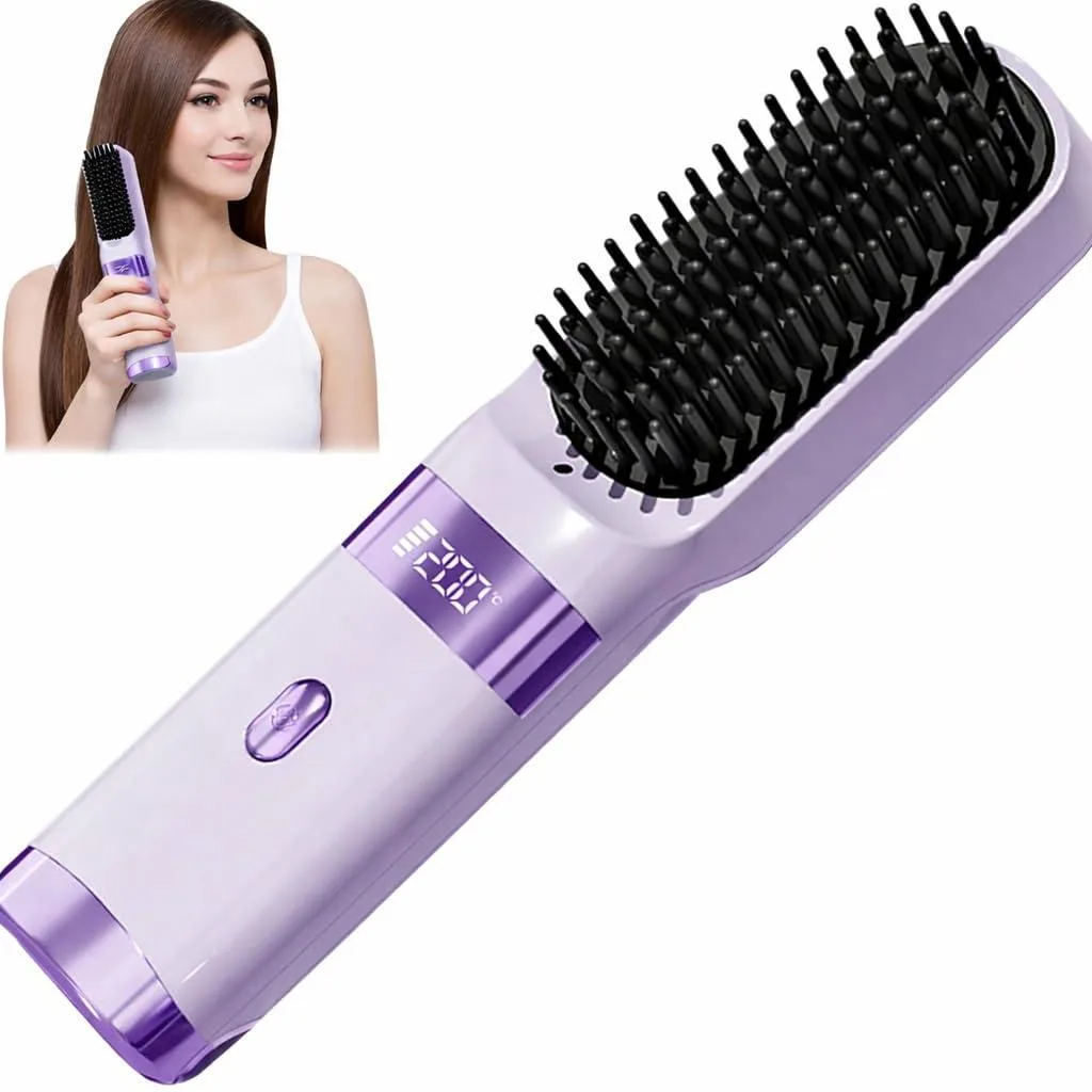  Hekisace Cordless Hair Straightener Brush Black 6400mAh 40min 4 Temp LCD — product photo
