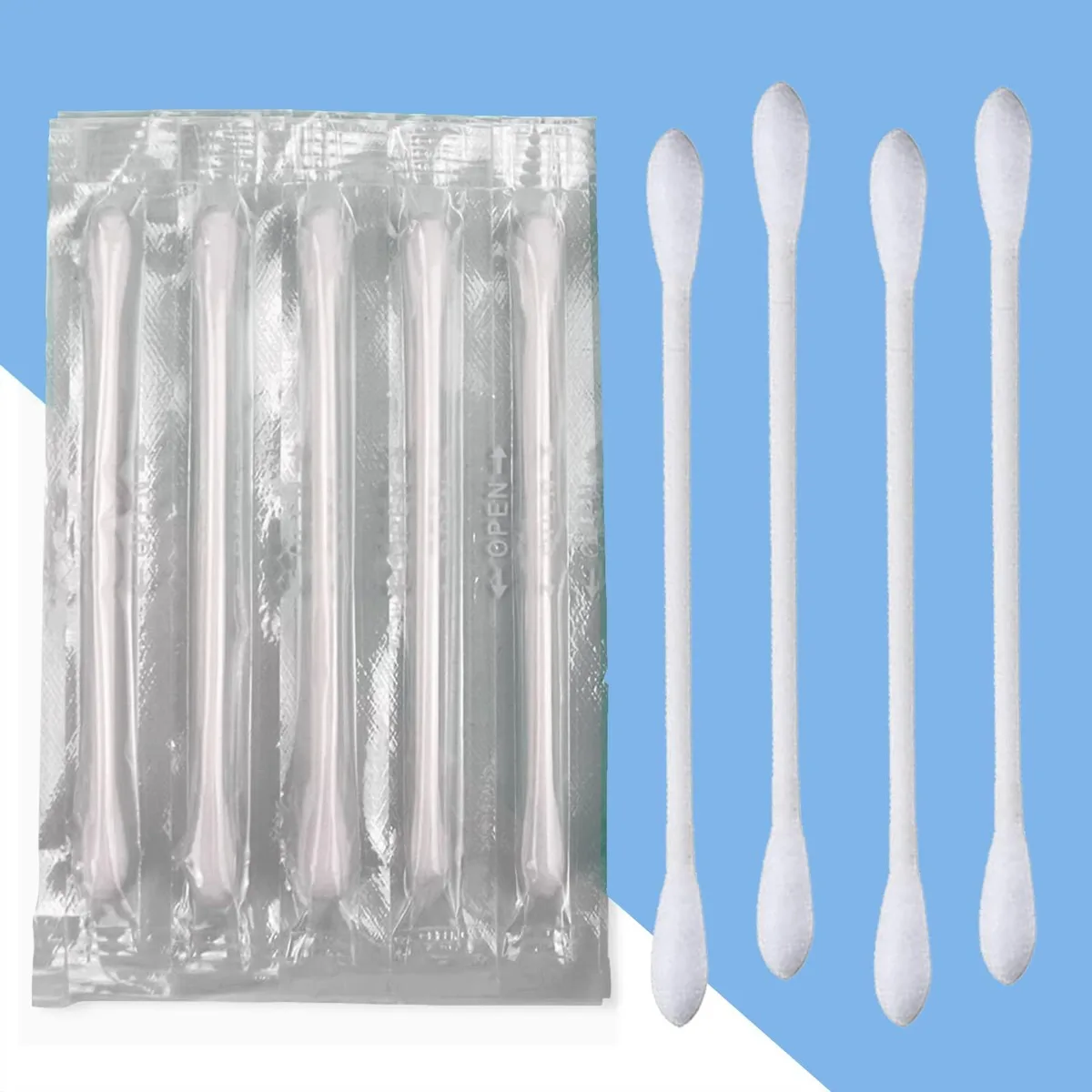 Box of 200 individually wrapped white double-tipped cotton swabs