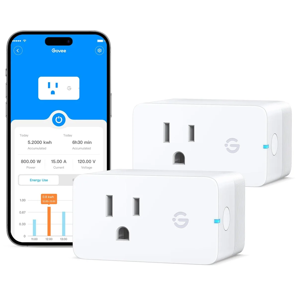 Two compact white rectangular smart plugs with a single front button and LED indicator, shown side by side on a plain background