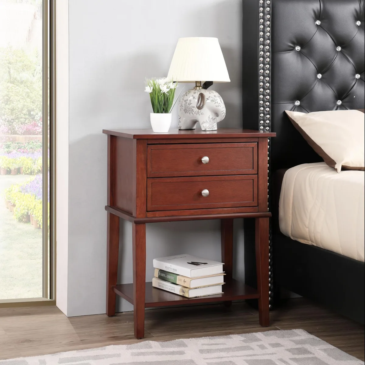 Rectangular cherry nightstand with open lower shelf, 28 inches high
