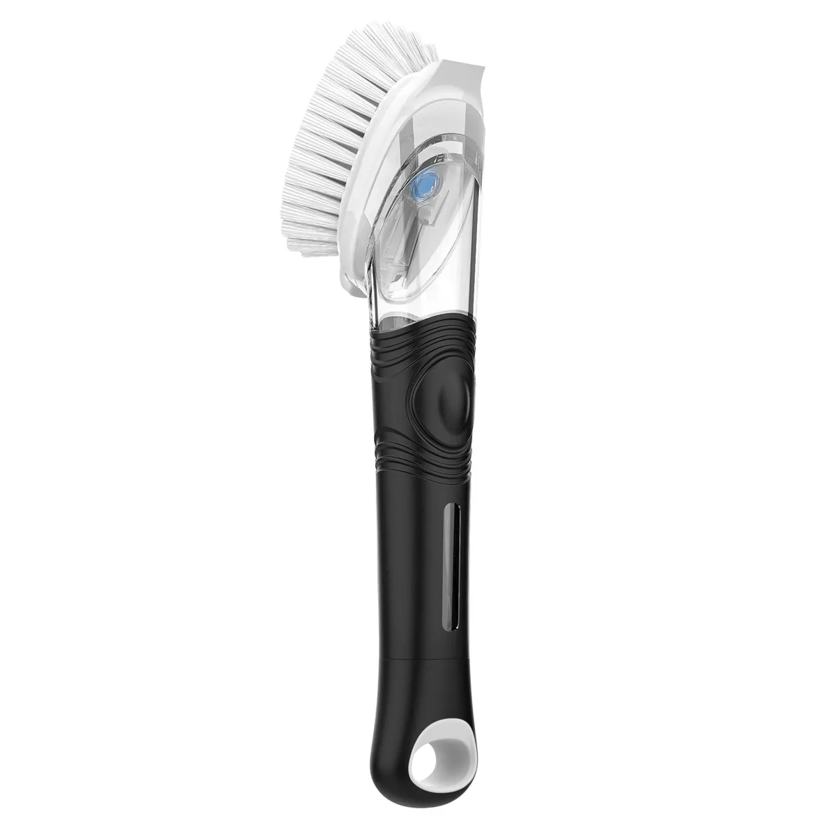Black soap dispensing dish brush with ergonomic handle and nylon bristles