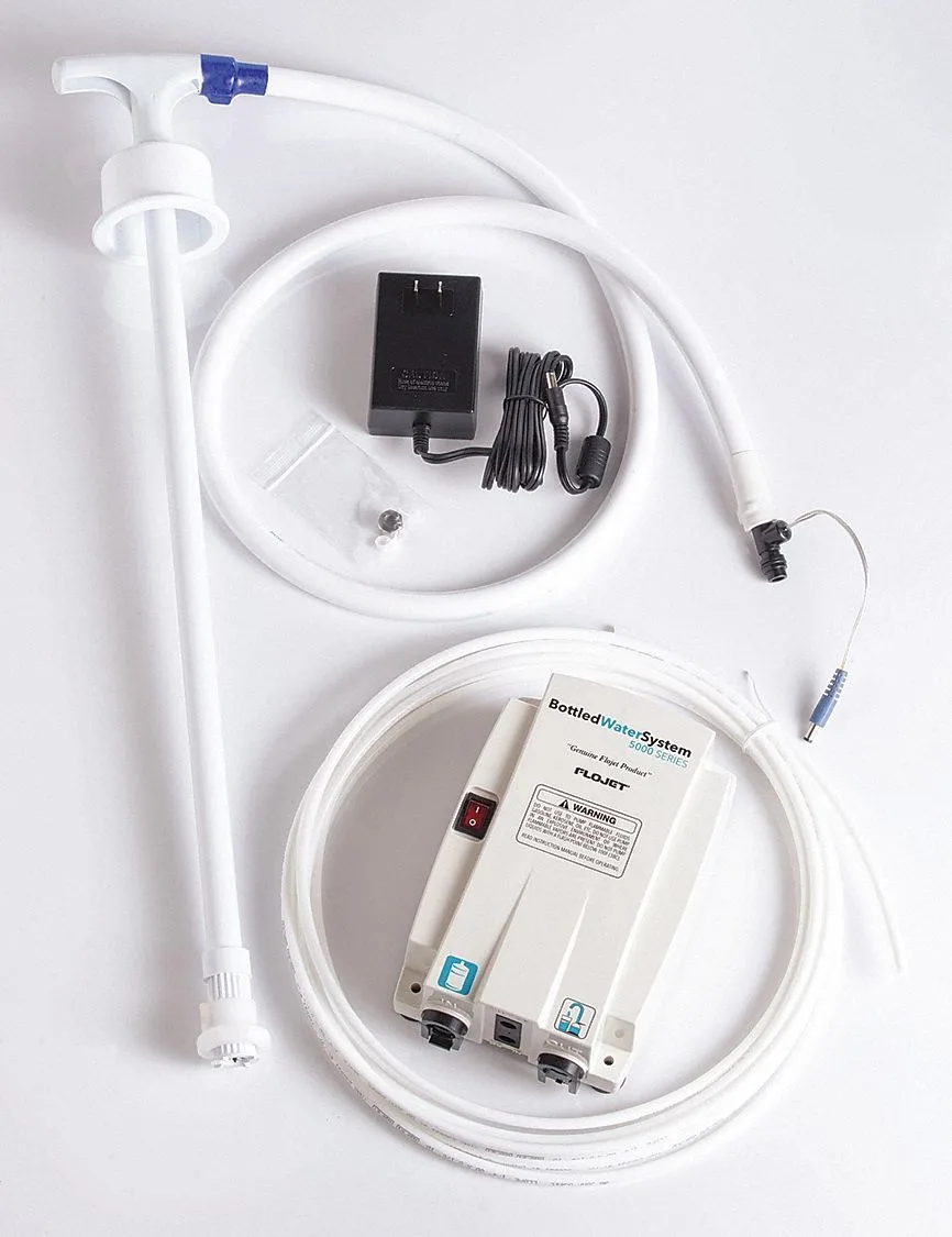 White floor-standing bottled water dispensing pump with diaphragm motor and on/off switch