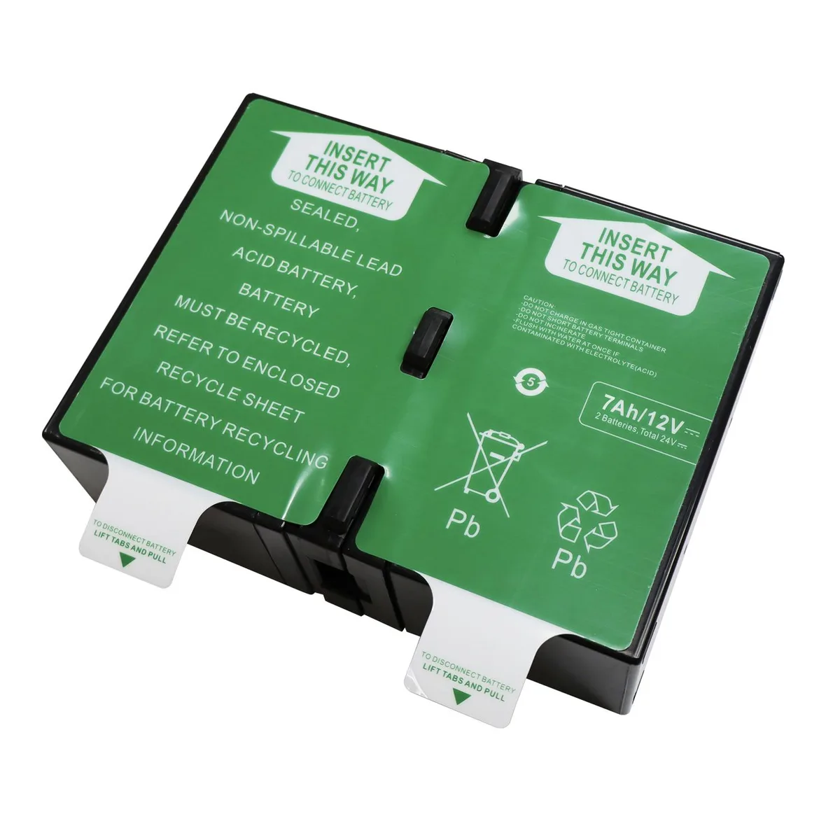 Rectangular black sealed lead-acid battery cartridge, 6 by 8 by 3 inches, two 12V 7Ah cells, F2 terminals