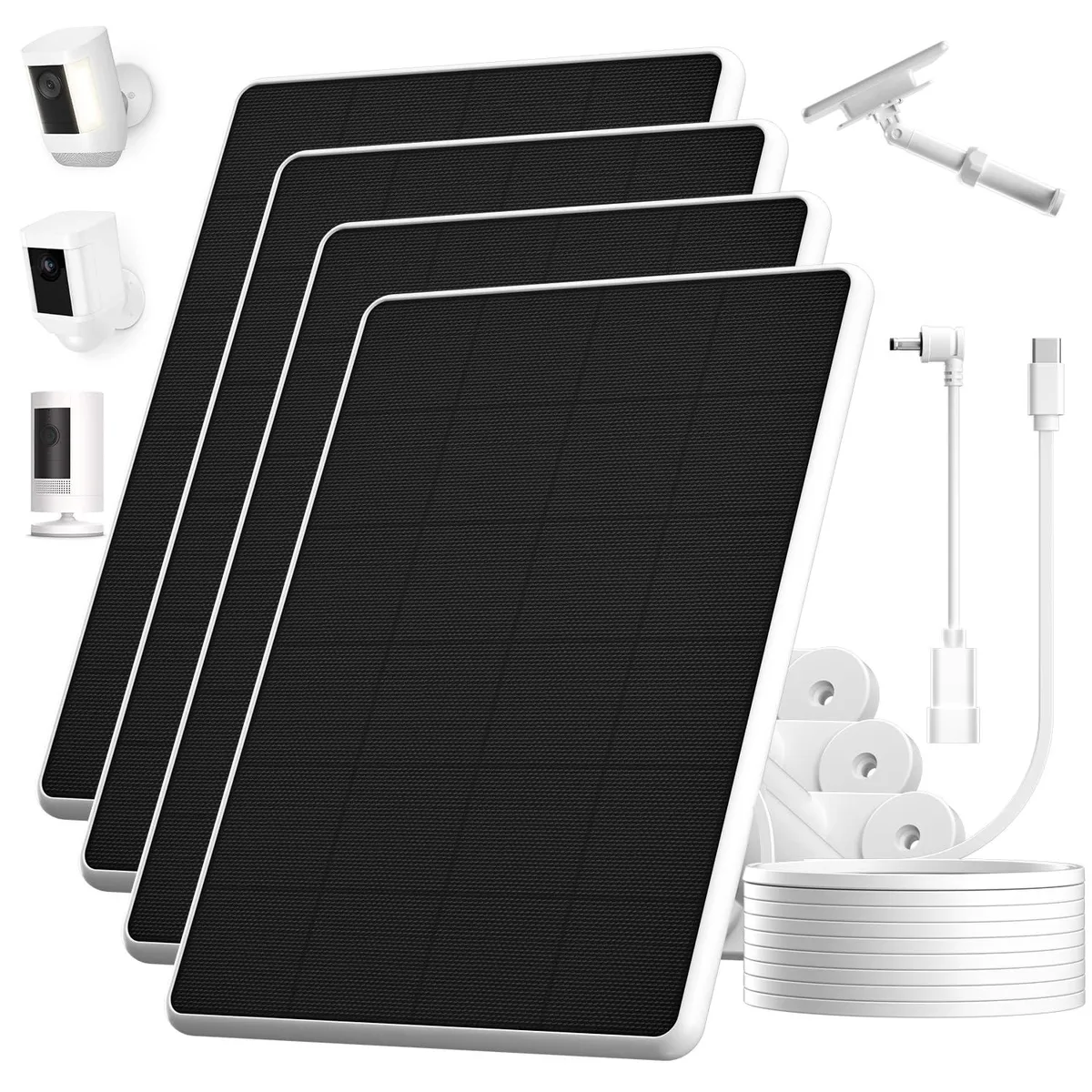 Four compact solar panels with retractable brackets and long cables, matte dark finish, rectangular shape