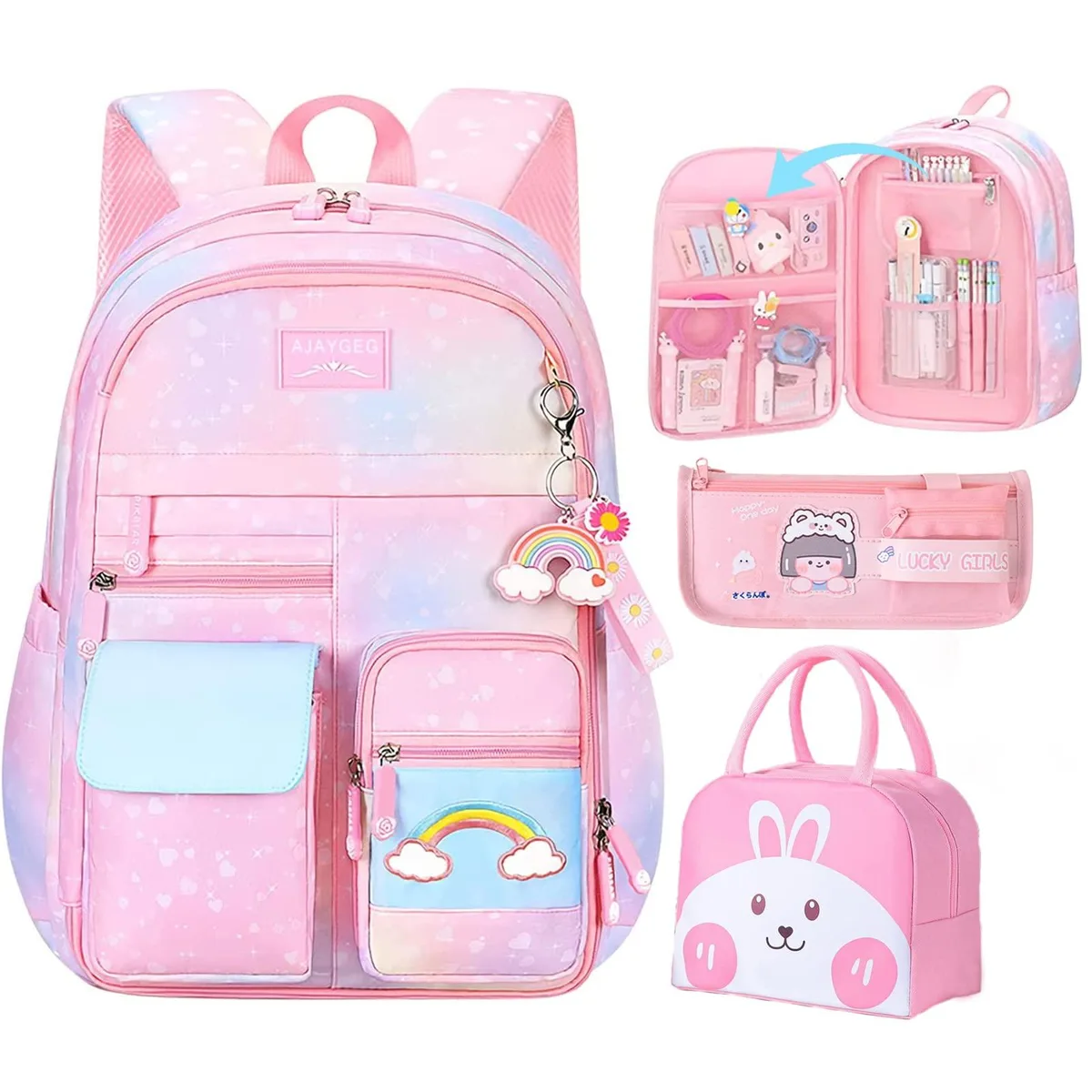 Pink polyester backpack set with matching pen case and lunch bag, cartoon print, reflective straps, 43×34×16 cm
