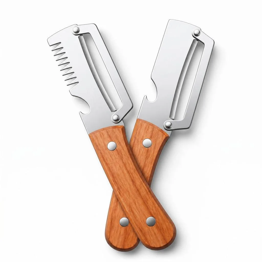 Two wooden-handled stainless steel peelers with serrated edge and bottle opener