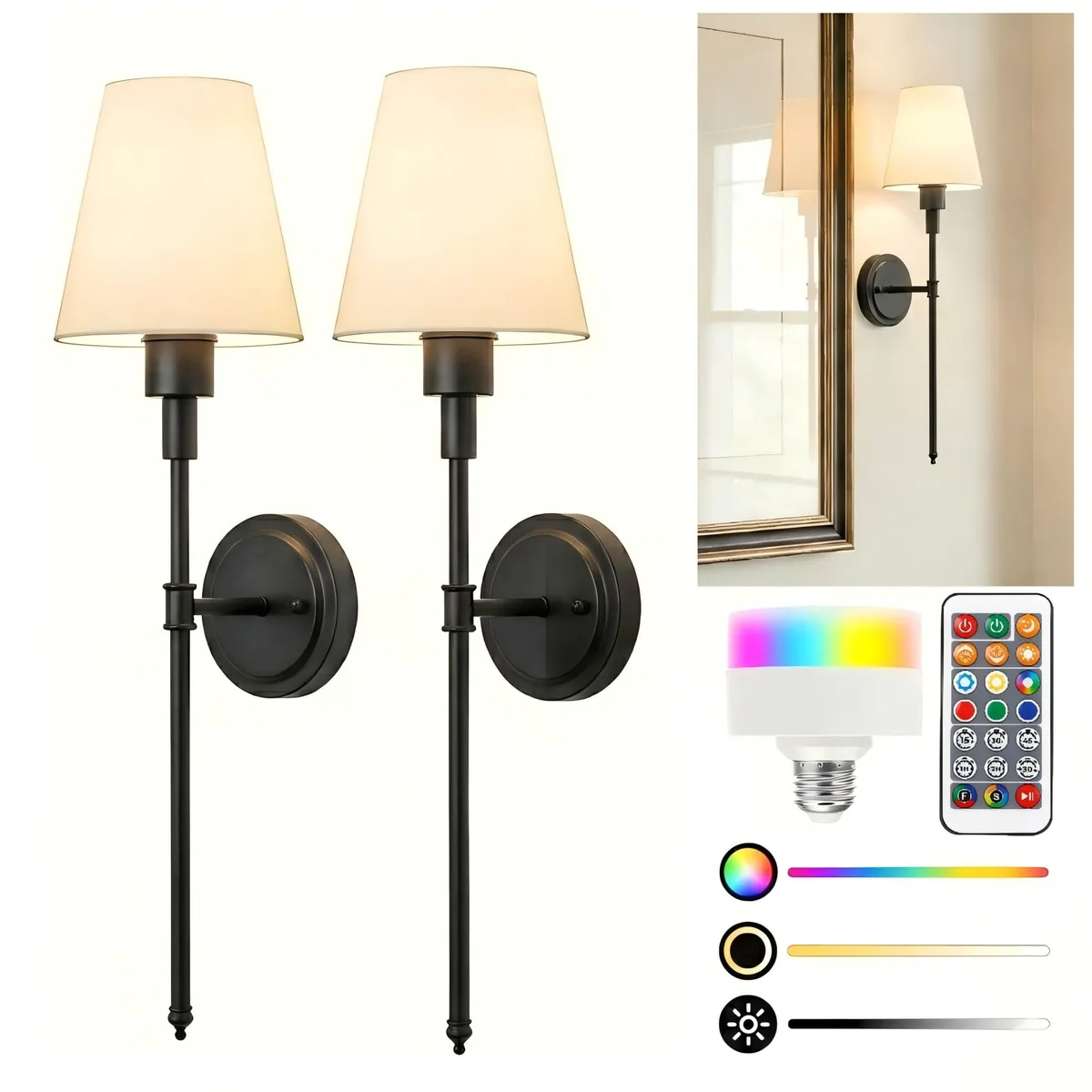  BD04BLE26 Black LED Wall Sconce Set of 2 10.1×7.2×5.5 in Remote RGB 3000-6000K 30/60h Battery — product photo