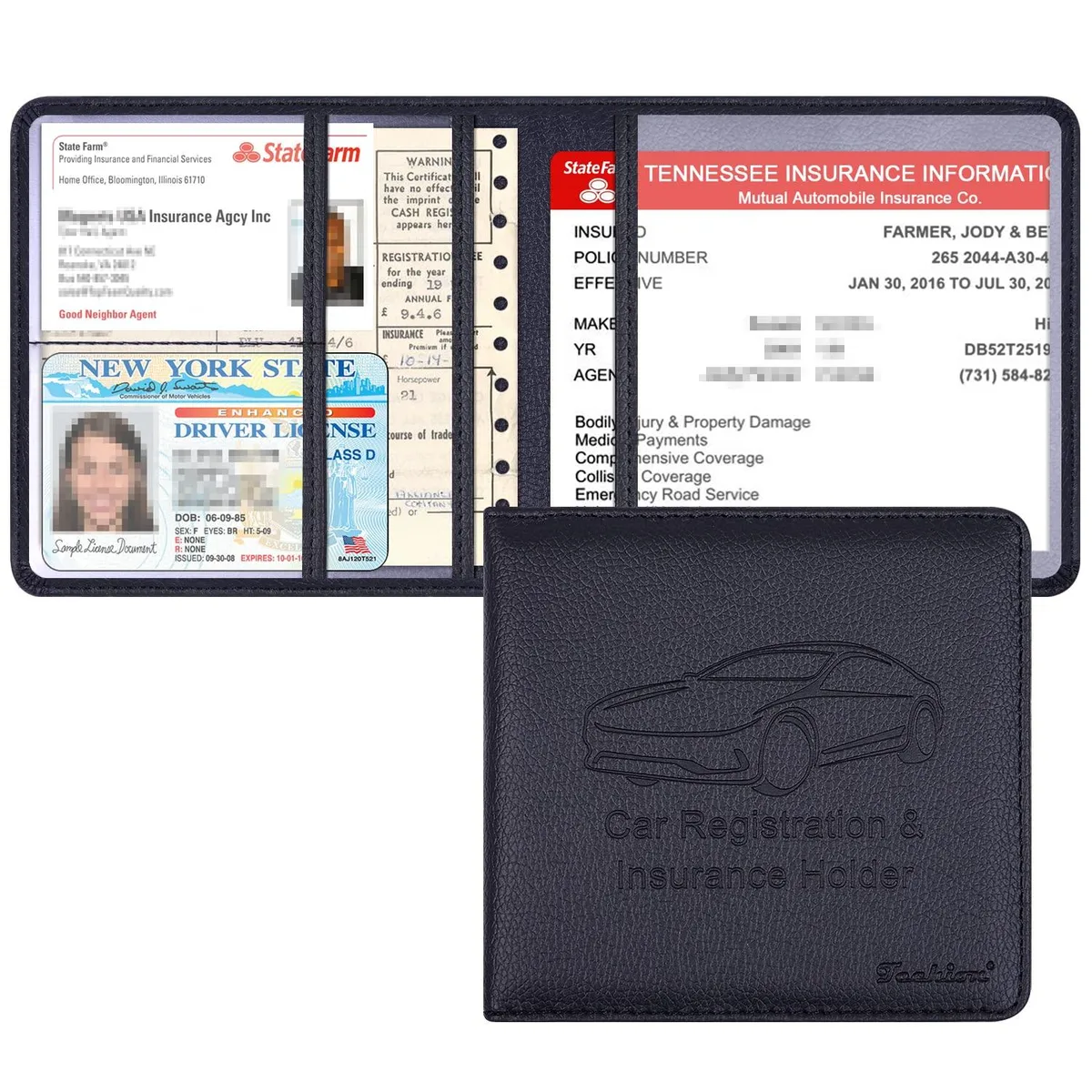  Techion 5.5"x5.1" Leather Car Insurance Registration Holder Black — product photo