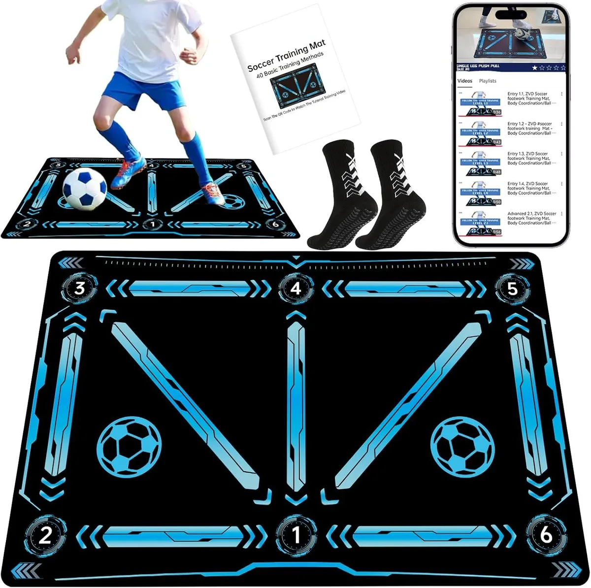 Rectangular green soccer training mat with white footstep markings and black rubber backing