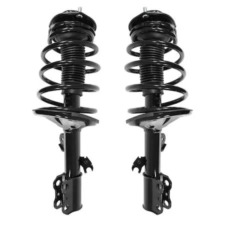 Two silver front strut assemblies with coil springs and top mounts