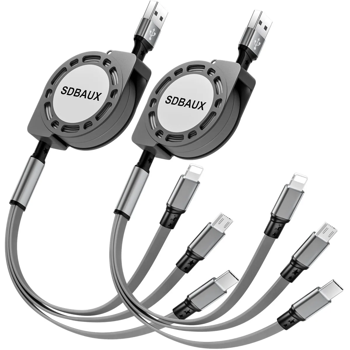 Two gray retractable USB cables with three connectors each