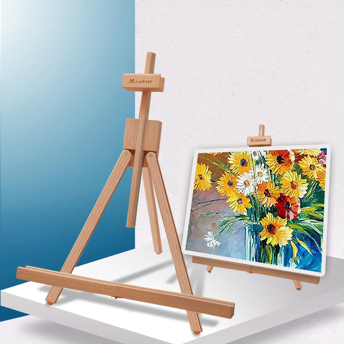 Light beechwood A-frame tabletop easel folded to 17.2 by 2.87 by 3.26 inches