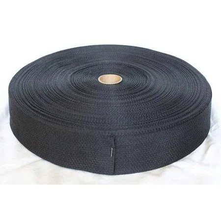 Black polypropylene webbing roll, 1-1/2 inch wide, 300 ft length, 750 lb capacity