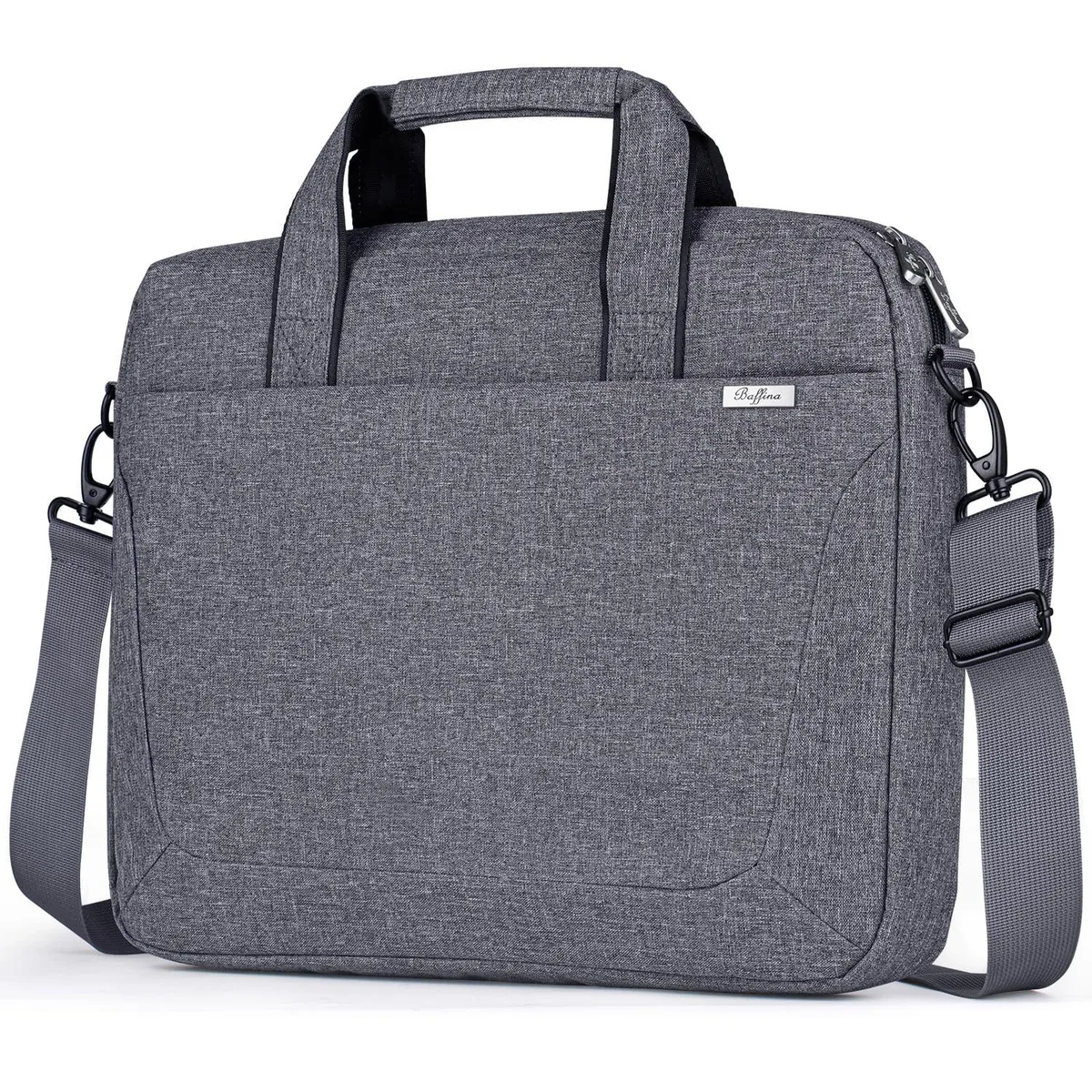 Grey laptop shoulder bag with adjustable strap, zippered front pocket and trolley sleeve