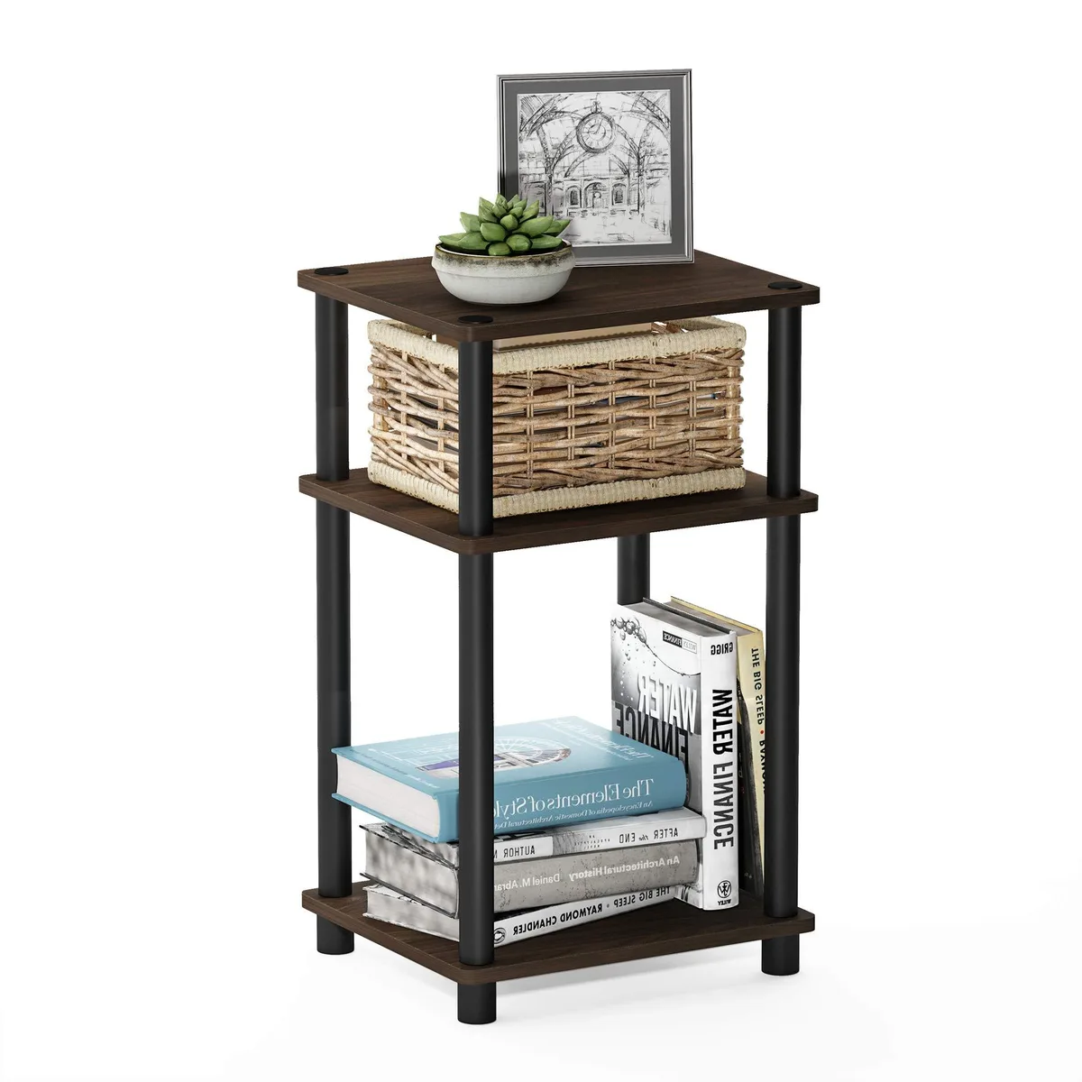 Light walnut three-tier side table, open shelves, slim metal frame, rounded corners