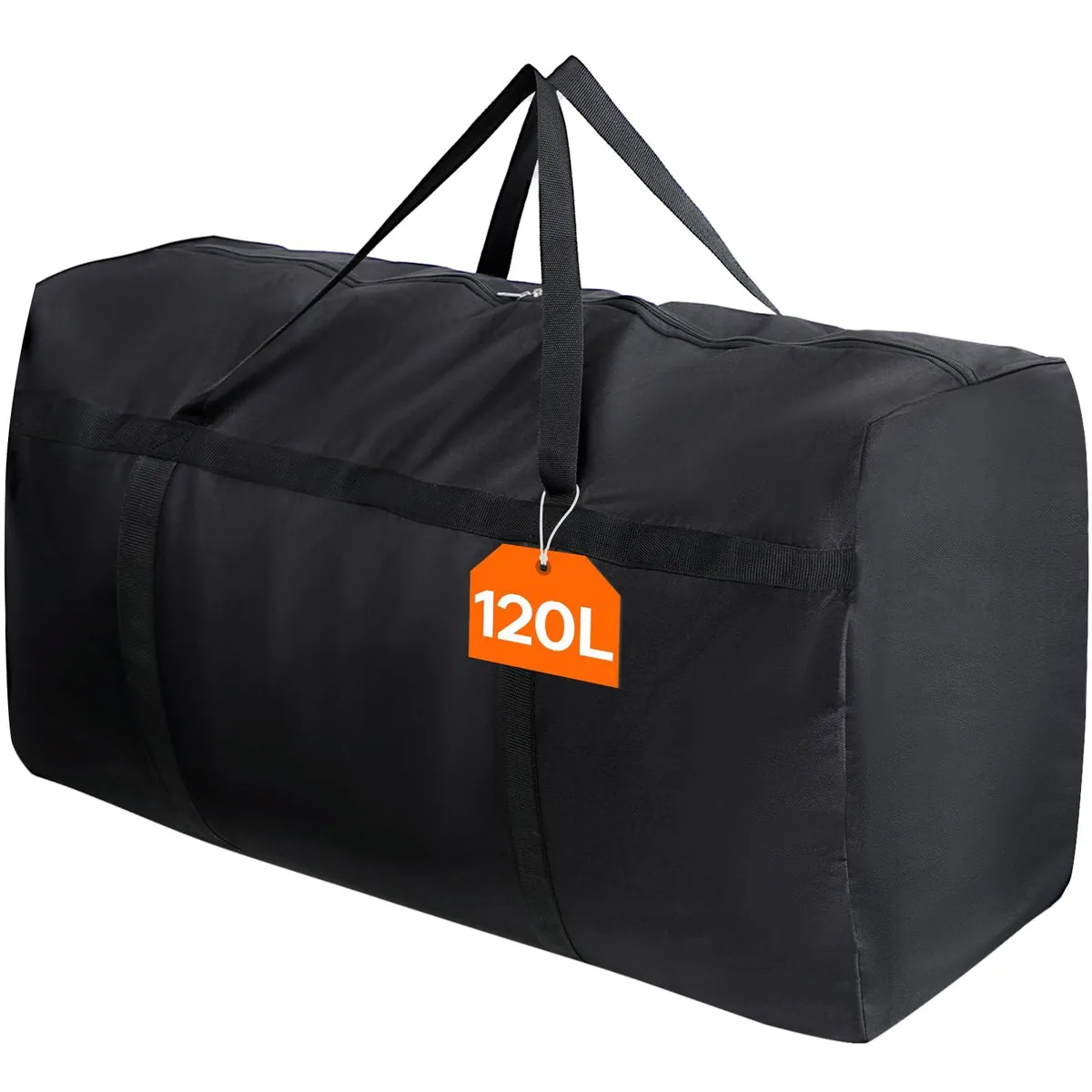 Black 120L duffle bag, 35.5×11×18.9 inches, 600D Oxford cloth, wide two-way zipper, reinforced handles