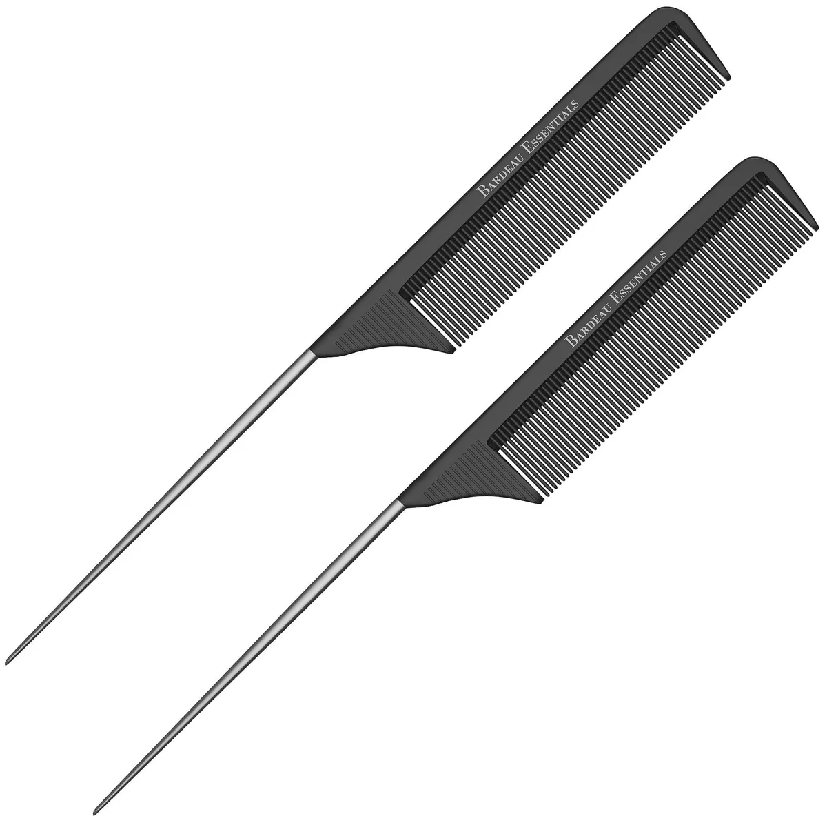 Two black carbon-fiber tail combs with stainless-steel pintails, 8.8 inch each