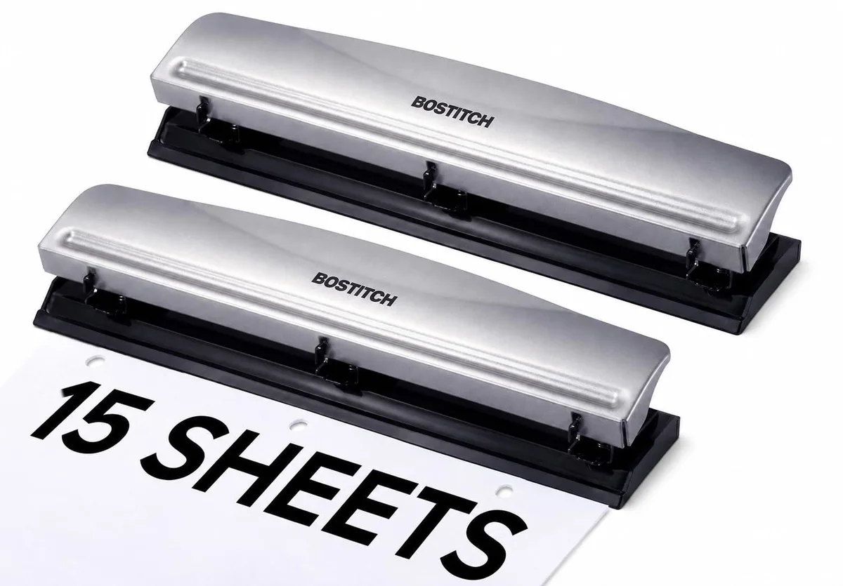  Bostitch Office Premium 3 Hole Punch 15 Sheet Metal Rubber Base Silver 2-Pack — product photo