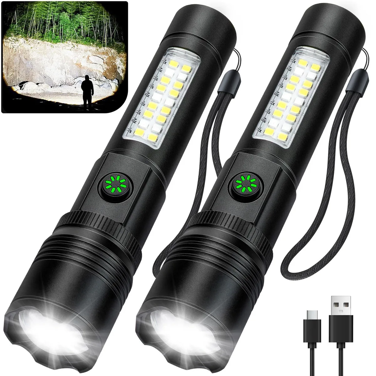 Two silver aluminum flashlights with rectangular heads and USB-C ports side by side