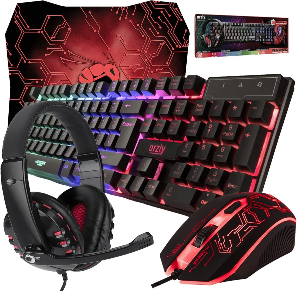 Orzly Orzly Gaming Keyboard Bundle 4 in 1 Black 19 key rollover 3.5mm headset 1200 1600 2400 3200 DPI — product photo