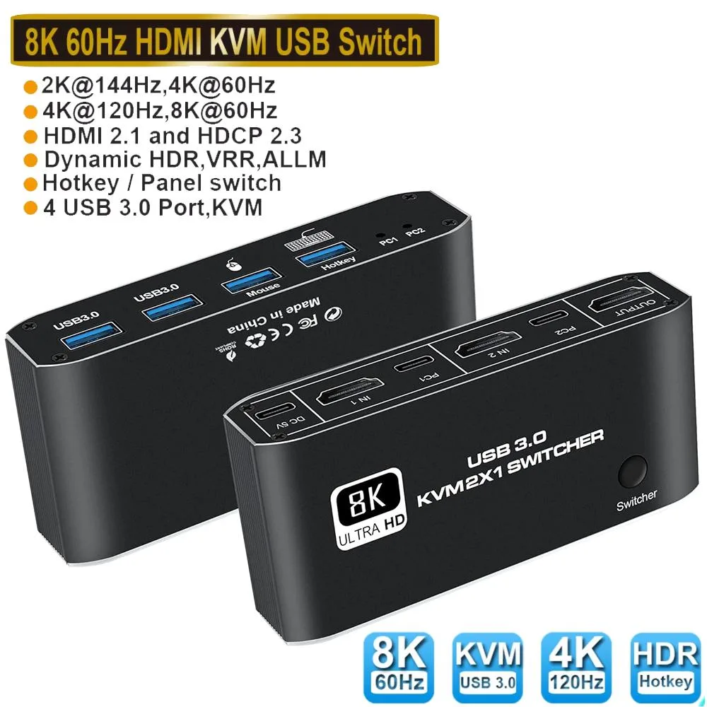 Hitoor Hitoor 2-Port HDMI 2.1 KVM Switch 8K@60Hz 4K@120Hz Darkish — product photo