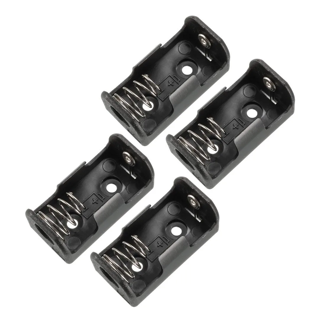 Four black plastic 1/2AA battery holders with wire connectors