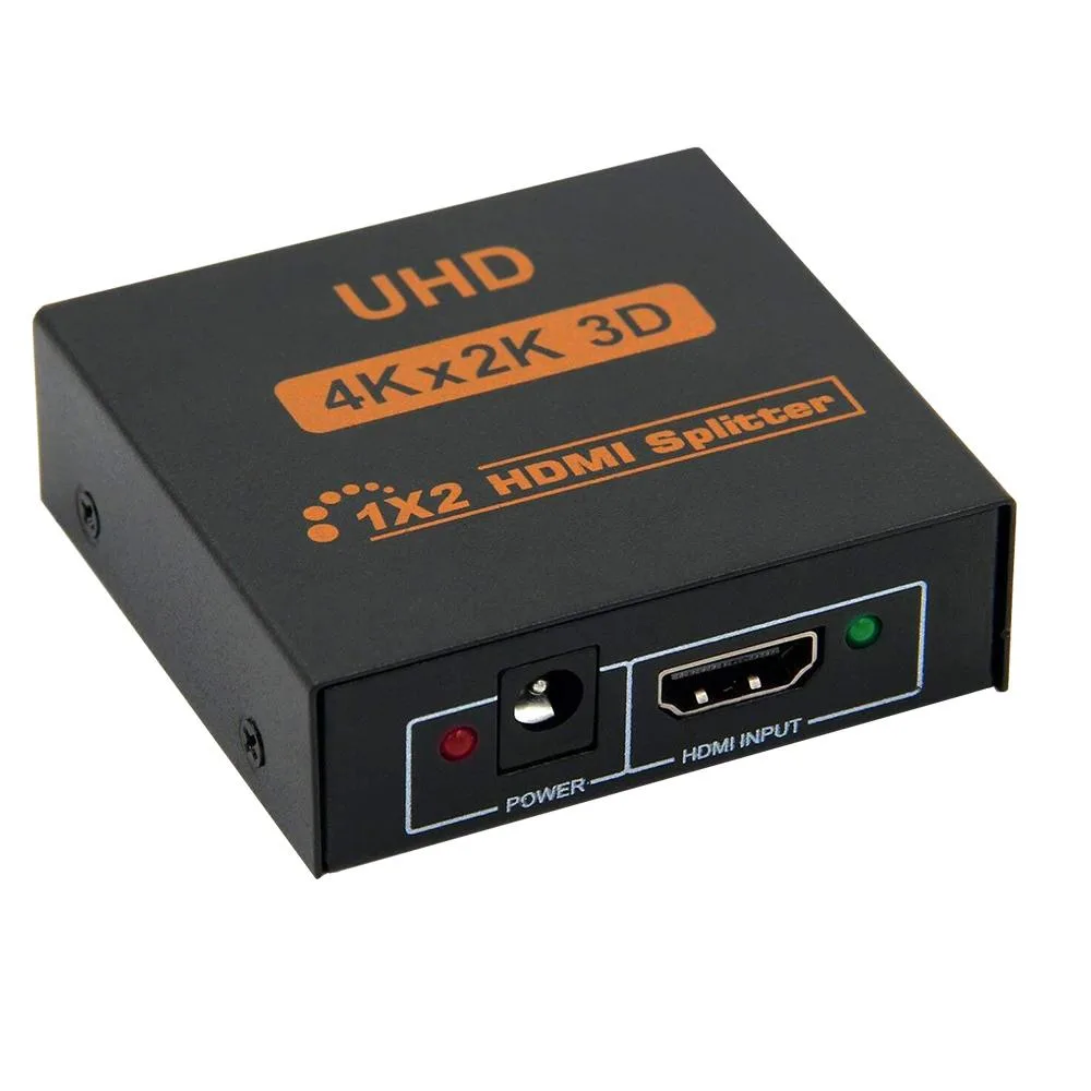 Small black HDMI splitter box with short cable and three ports