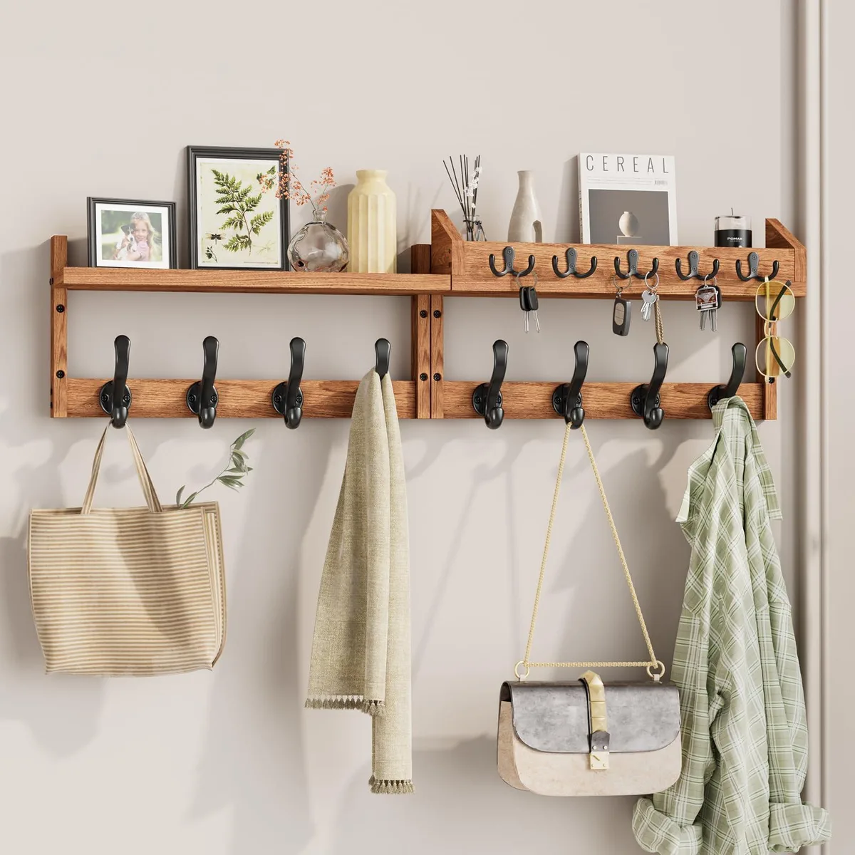 Pine wall-mounted coat rack with shelf and 13 hooks, painted brown finish