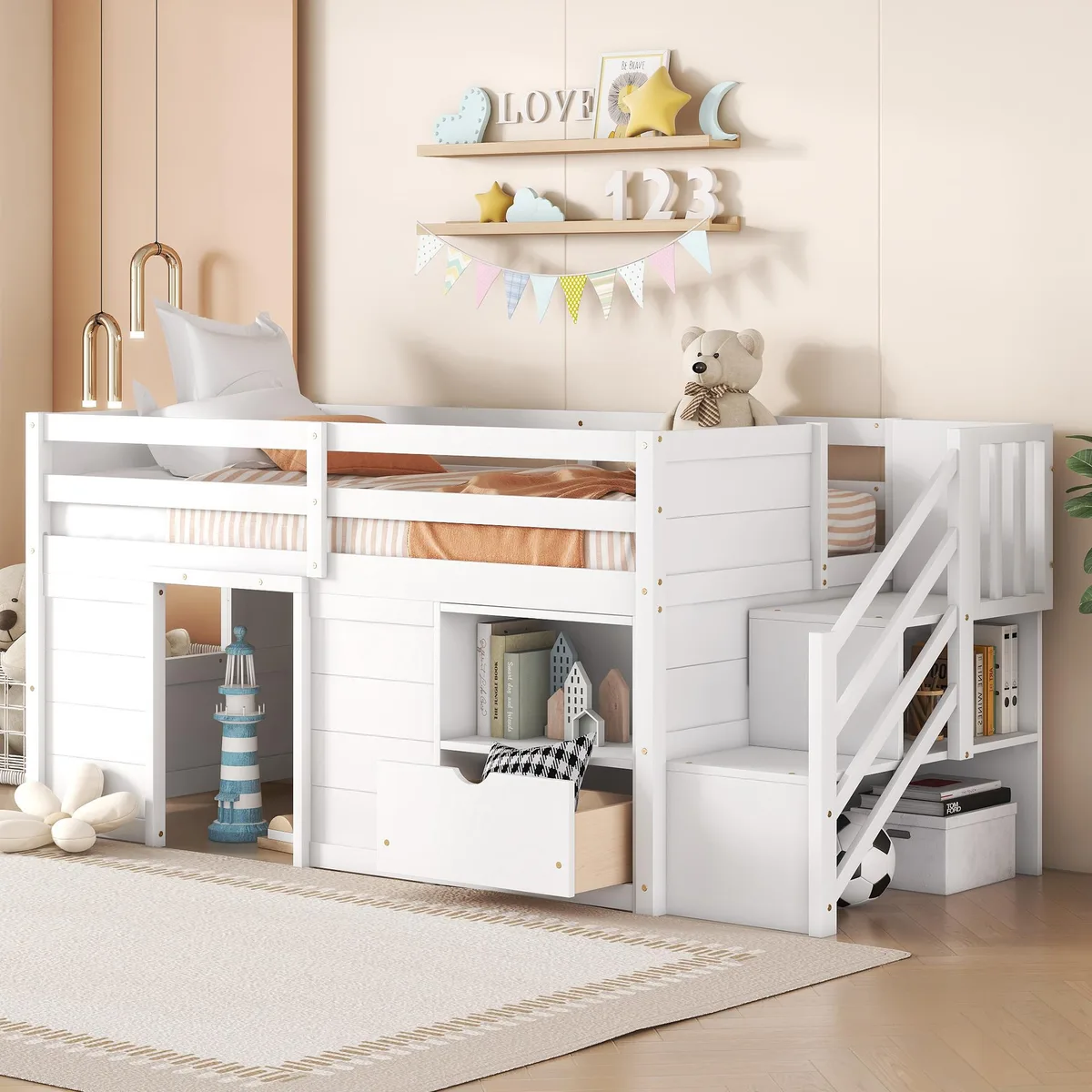 White pine low loft bed with stairs, drawer and shelf