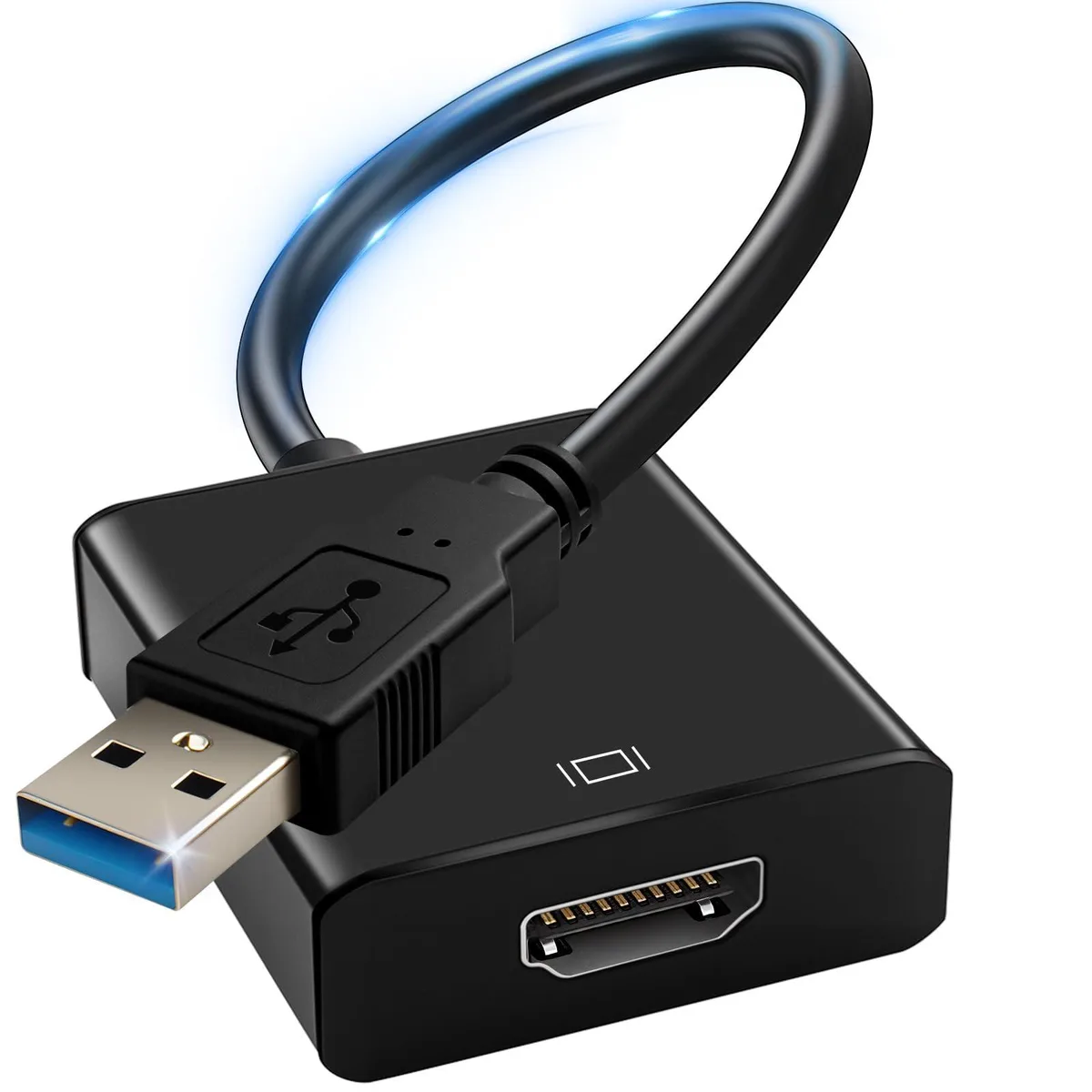 Compact black USB 3.0 to HDMI adapter with rectangular body and integrated cable