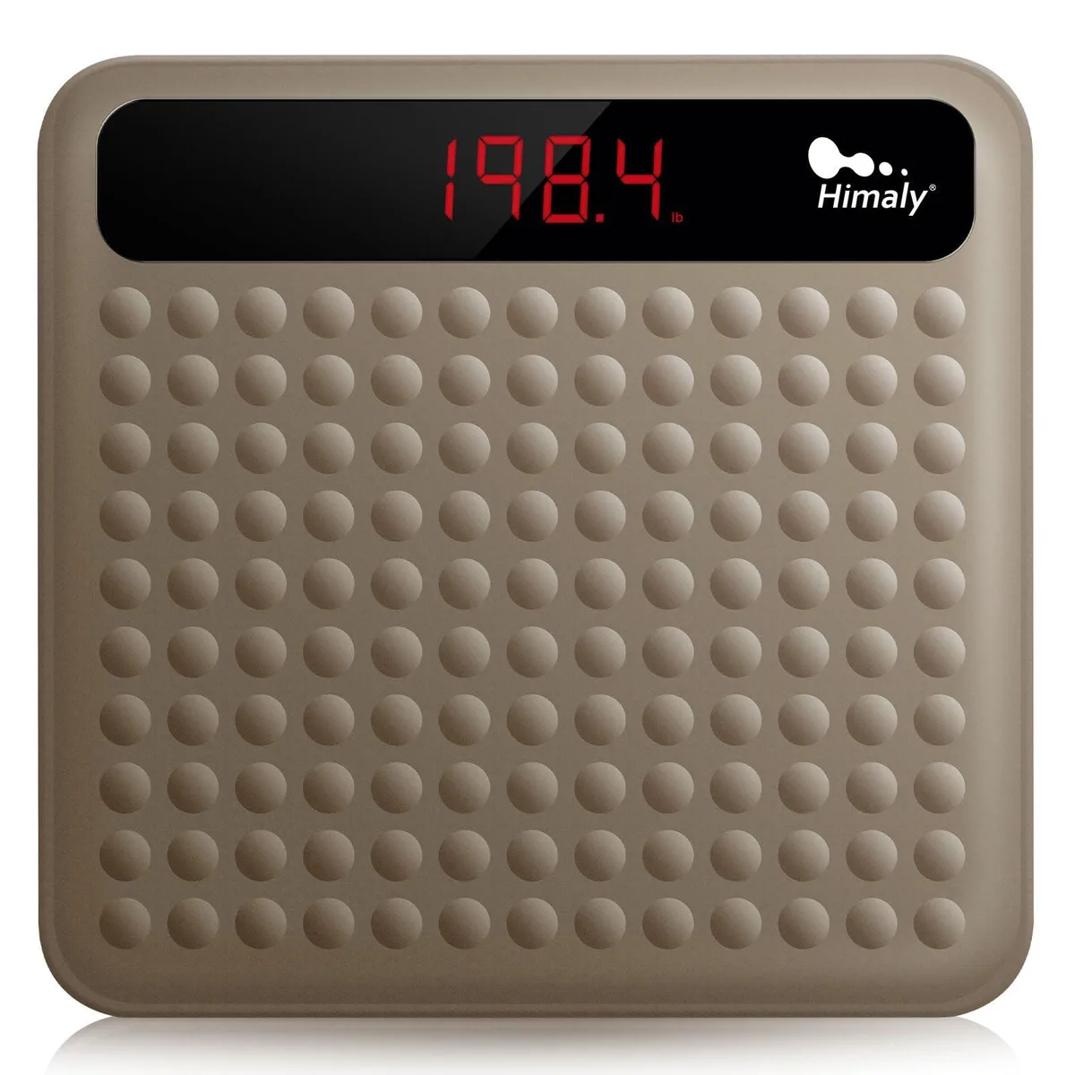 Brown rectangular digital bathroom scale with textured silicone platform and LCD display