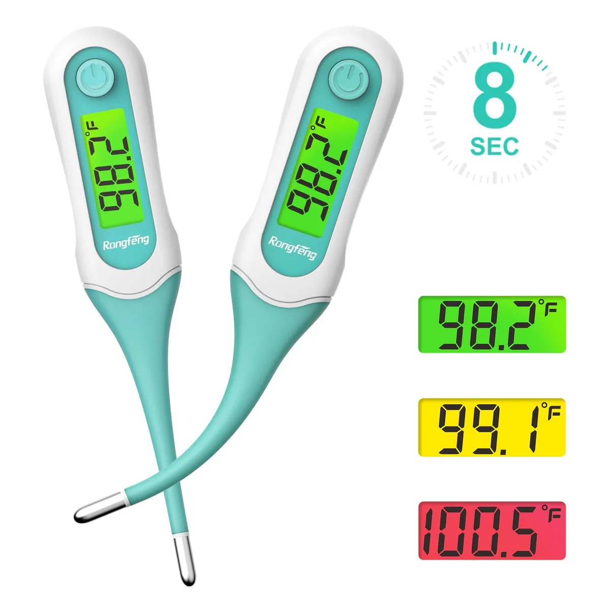 Green digital thermometer with soft silicone tip and backlit display