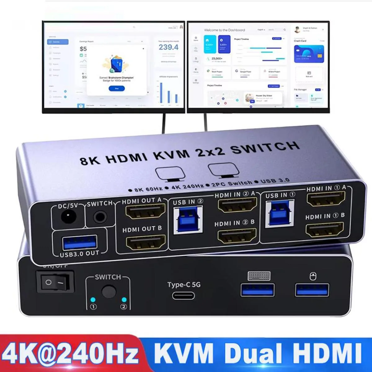 IHDAPP IHDAPP 8K@60Hz HDMI KVM Switch 2 Monitors 2 Computers 4 USB Ports — product photo