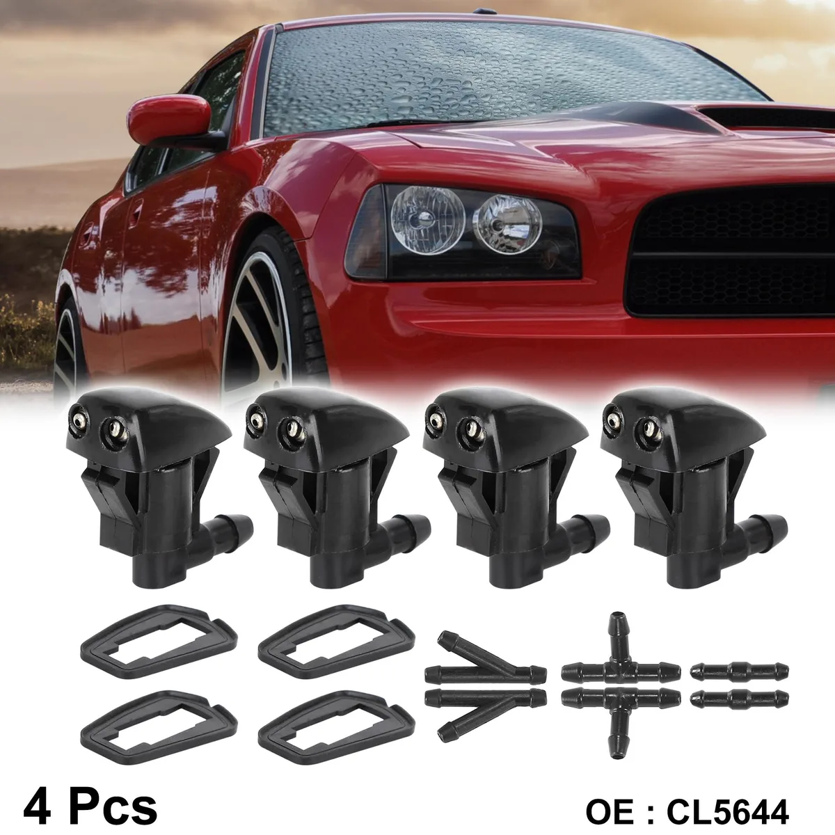 Four black plastic double-hole washer nozzles with rubber washers and adapters