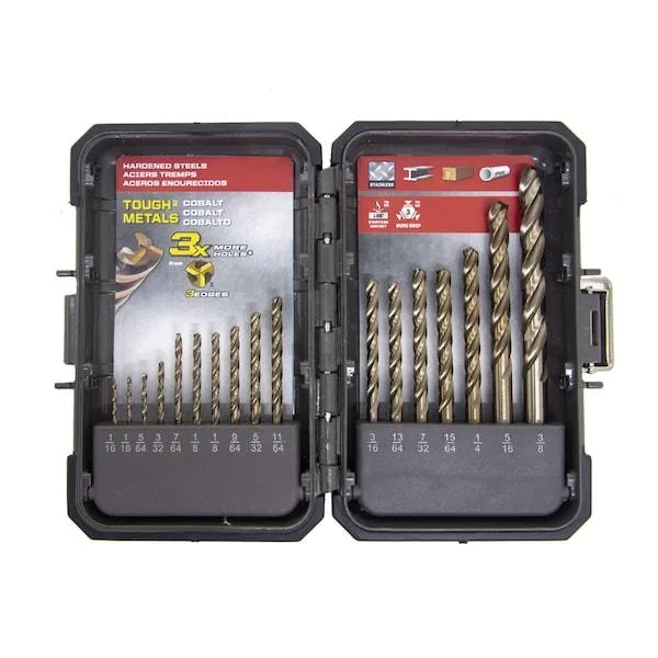A metal case holding seventeen cobalt drill bits