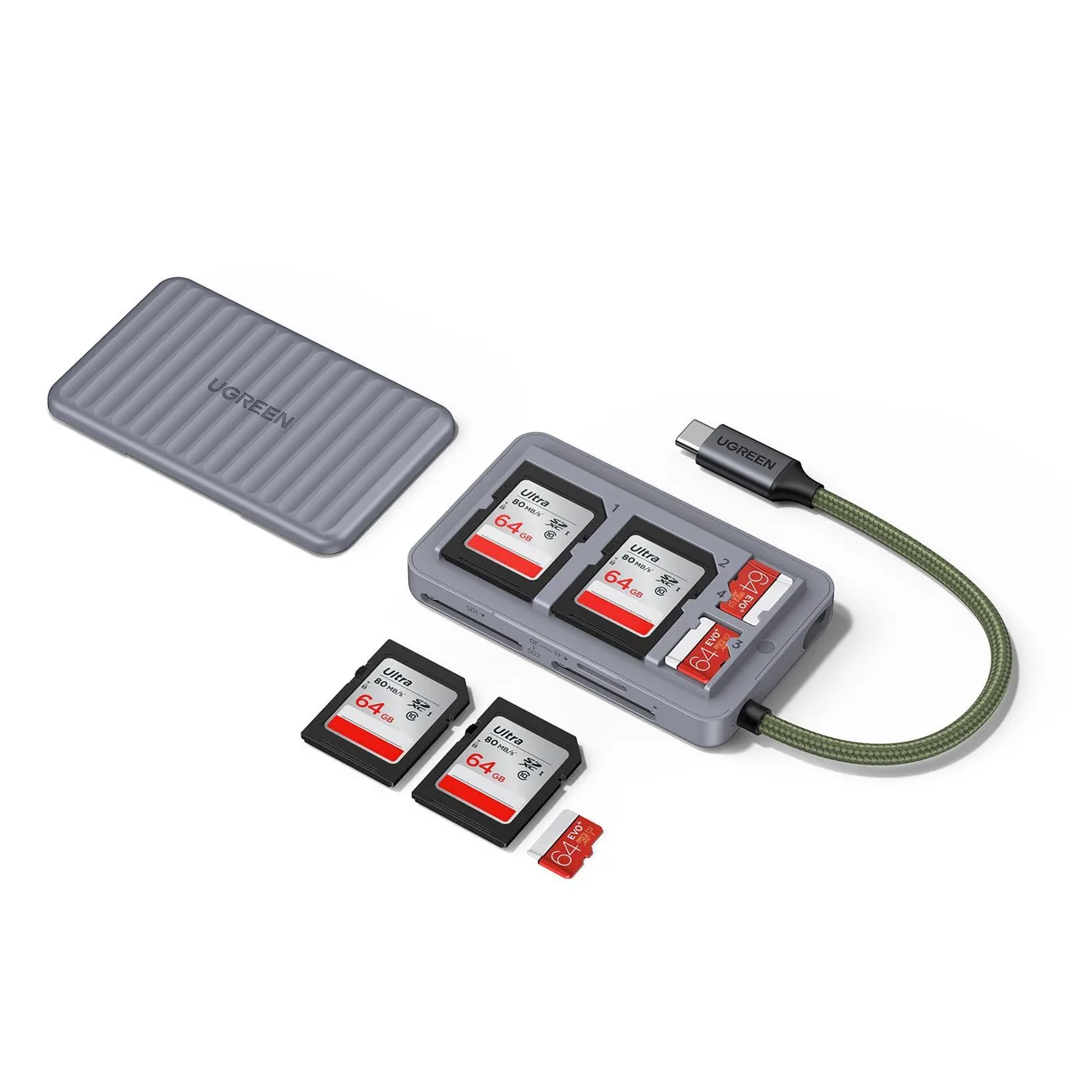 Compact USB-C card reader with magnetic lid and four card slots, dark grey finish