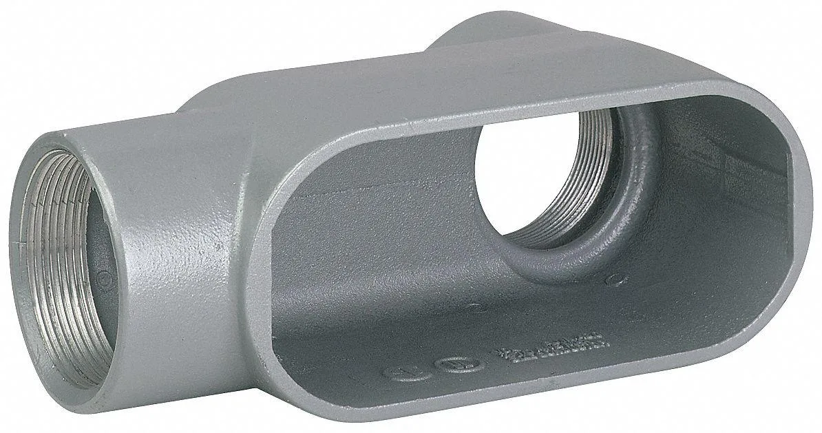 Gray powder-coated iron LB conduit outlet body with threaded 90-degree hub