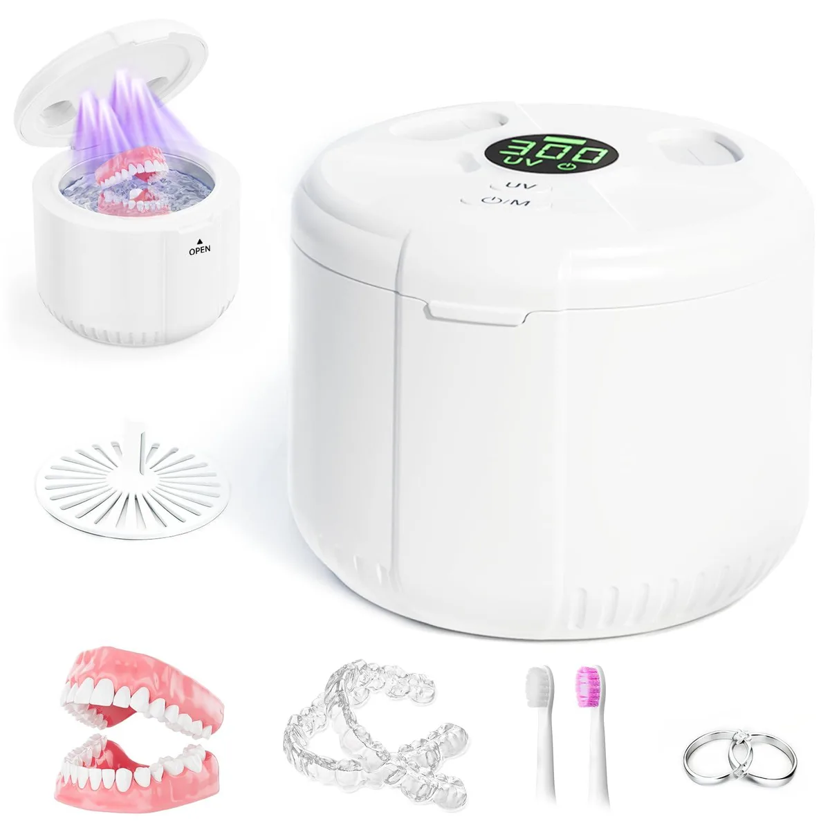 White ultrasonic cleaning pod with digital timer, detachable basket and UV light panel