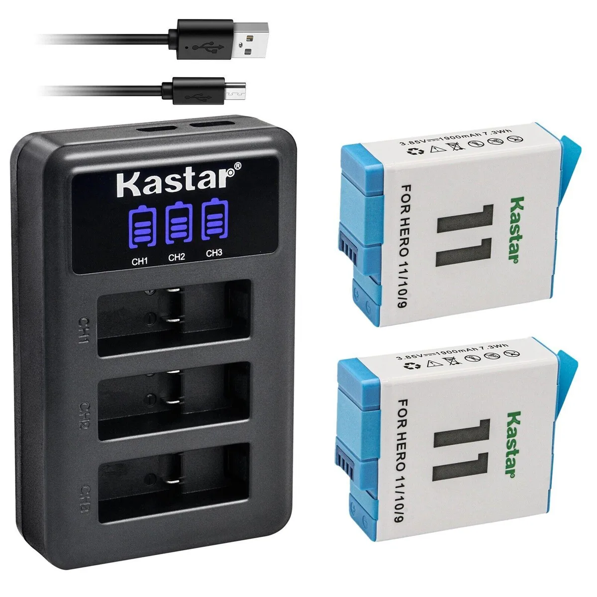 Kastar Kastar 2-pack battery &amp; LCD triple USB charger for GoPro HERO11/10/9 — product photo
