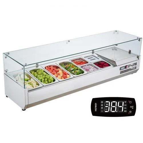 VEVOR VEVOR E60TW Refrigerated Condiment Prep Station with 4 1/3 &amp; 4 1/6 Pans, Glass Guard — product photo