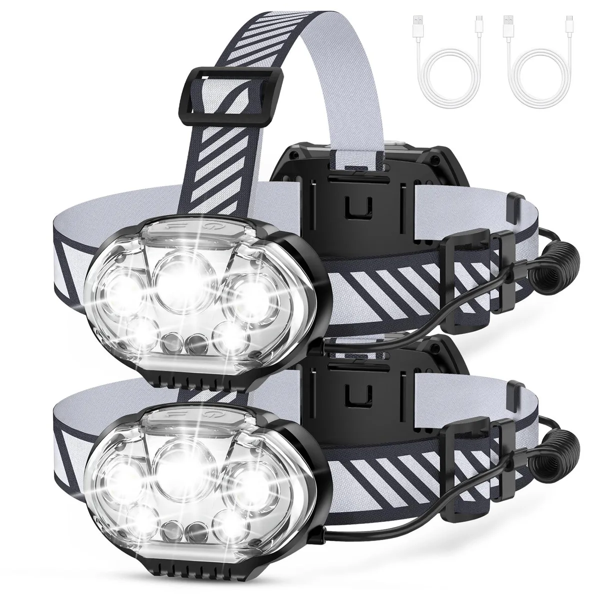 Two compact headlamps with pivoting white LED fronts and red rear lights on adjustable straps
