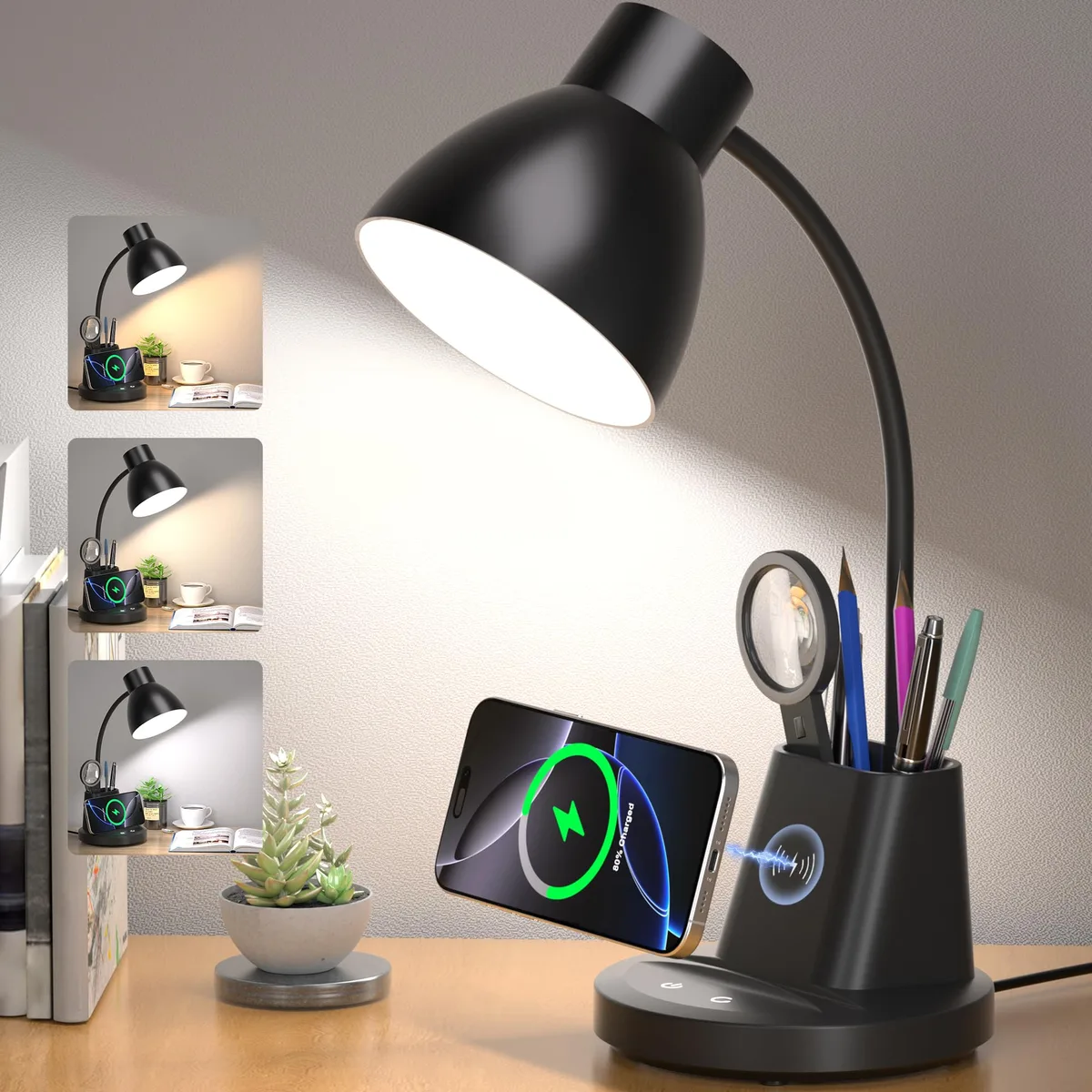 Sailstar matte horn-shaped LED desk lamp with flexible arm, wireless charger base and pen holder