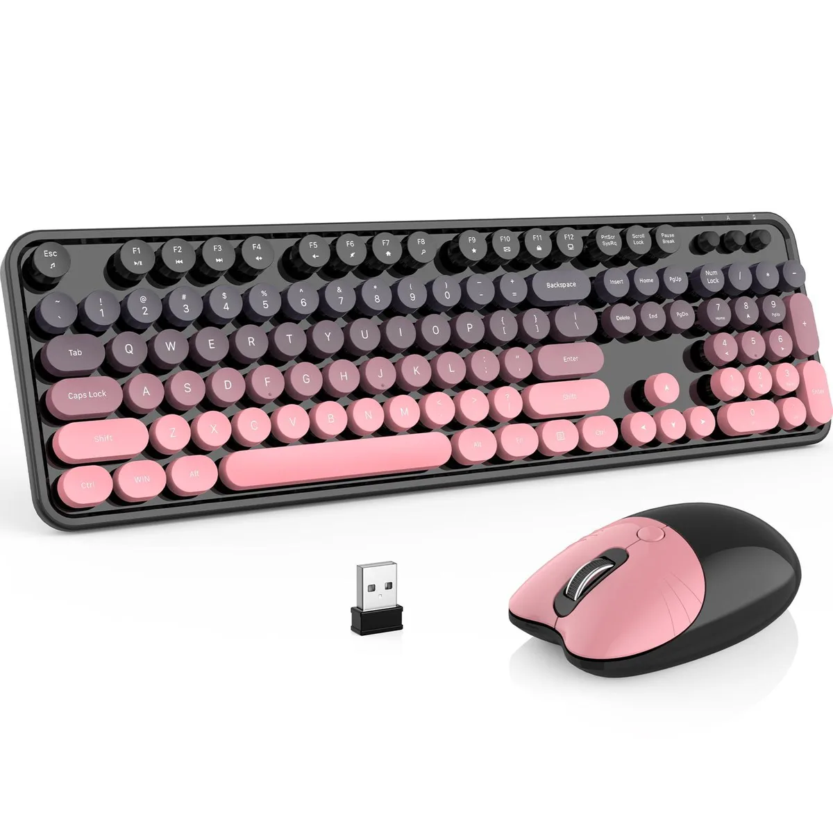 Full-size retro round keyboard and contoured mouse in pink gradient finish