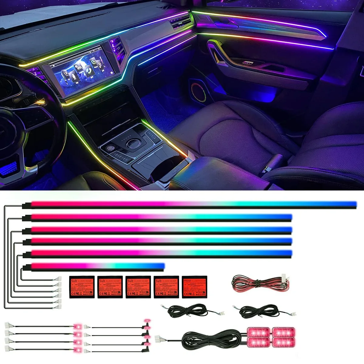  Acrylic Interior Car LED Strip Light 18-in-1 128 Colorful 6 Piece Fiber Optic Kit — product photo