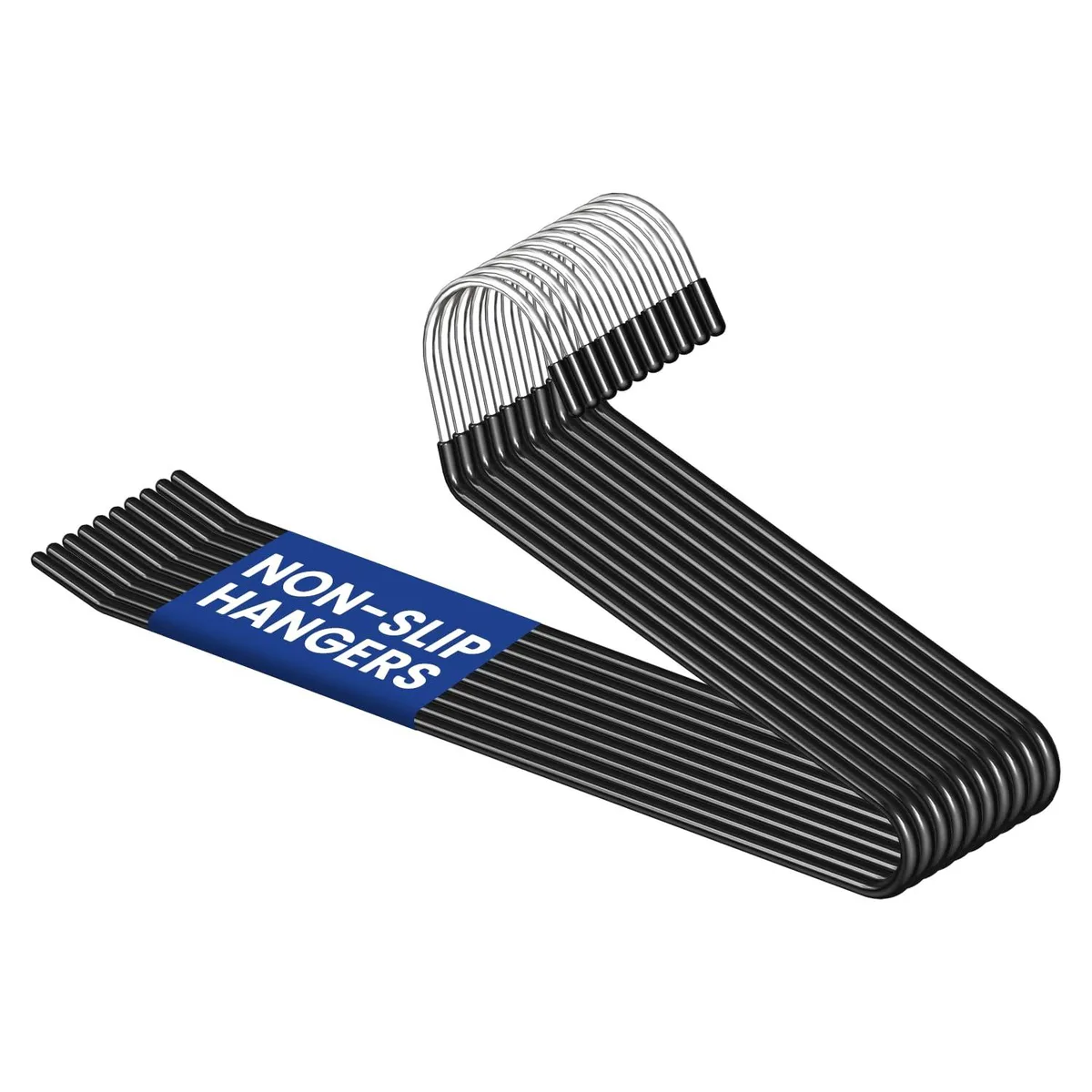 Ten black rubber-coated metal pants hangers with open ends