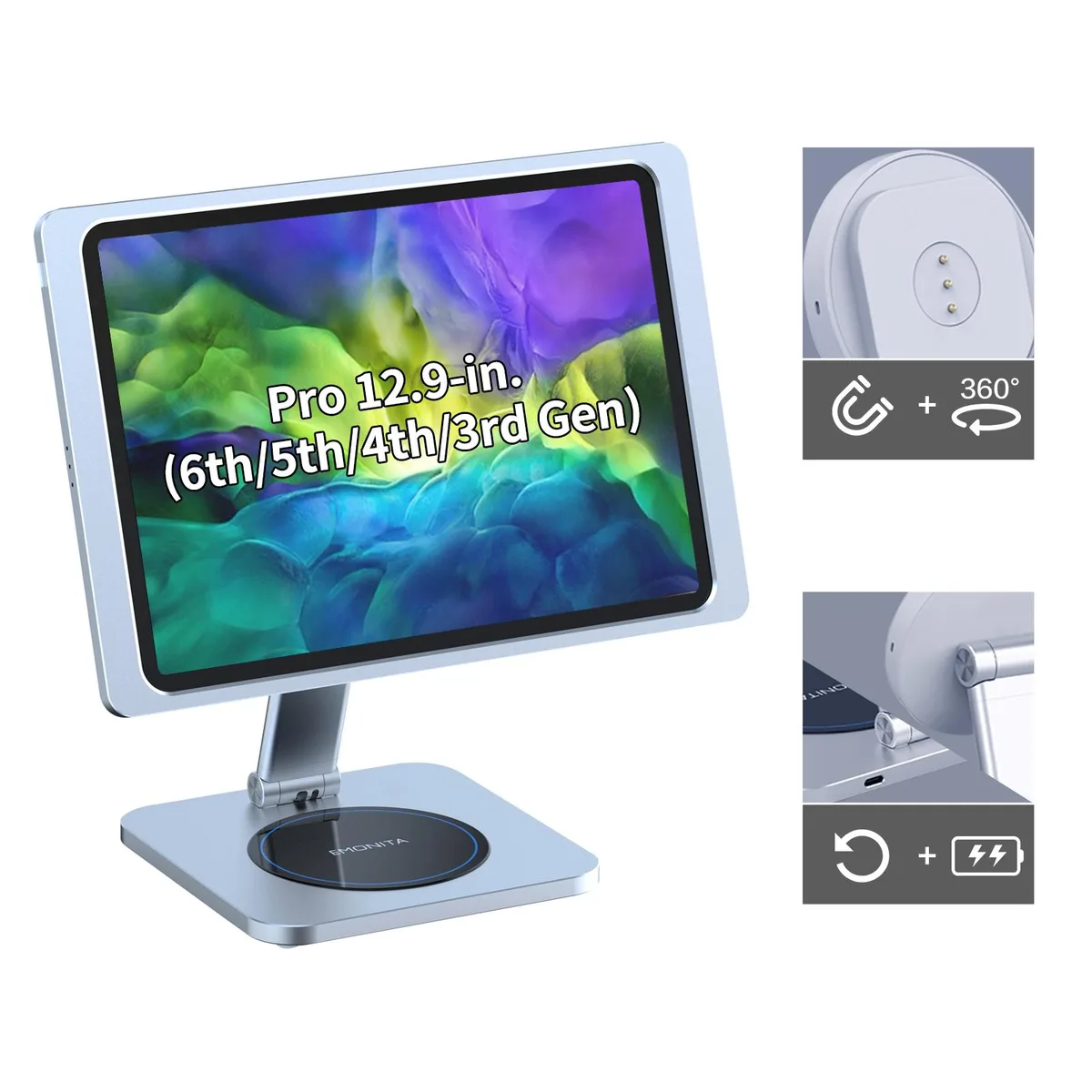 EMONITA EMONITA A10/EX150-C-Silver Foldable Magnetic iPad Desktop Stand with Charging Case for iPad Pro 12.9" (Silver) — product photo