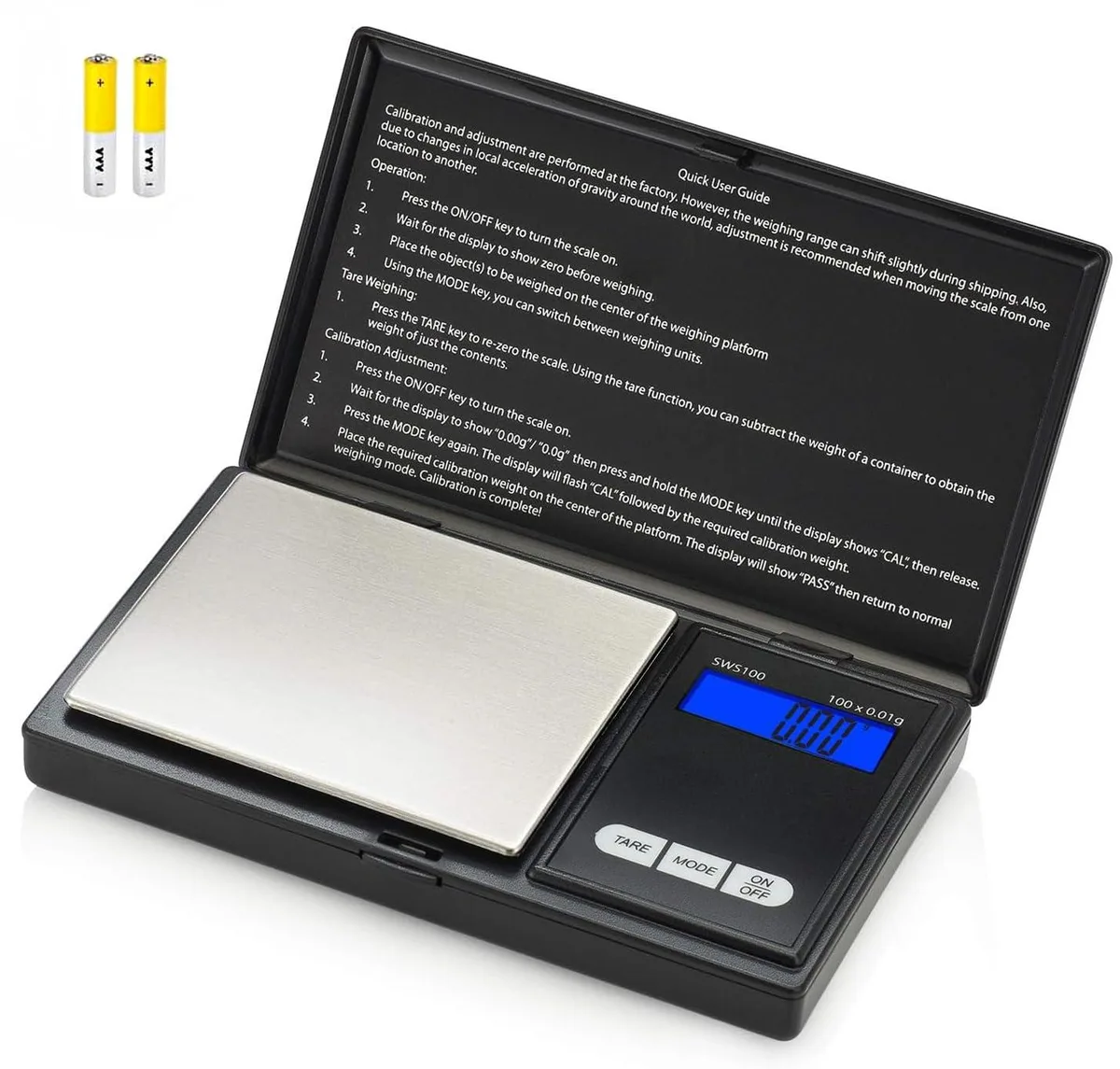 Black pocket scale with flip cover and backlit LCD display