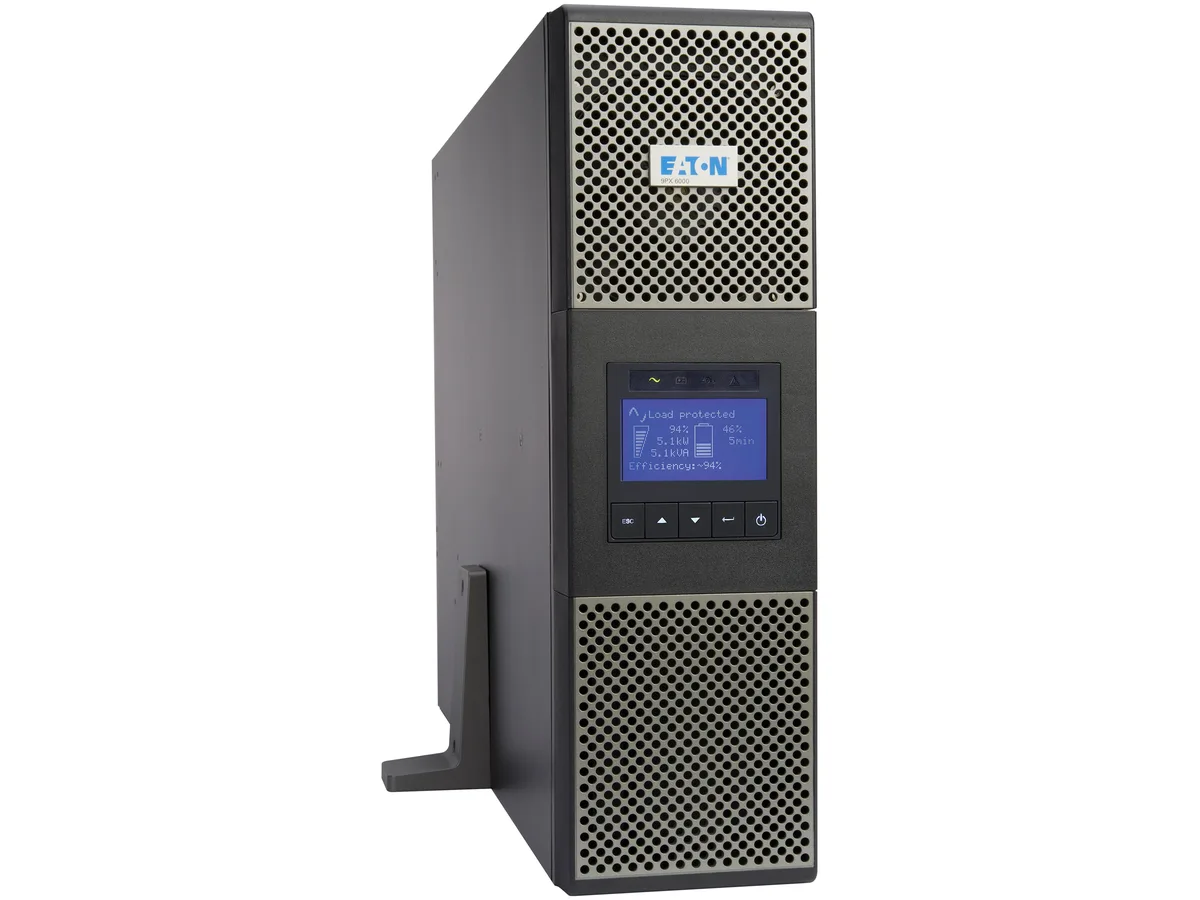 Silver rectangular 2U rack tower UPS with front panel display and rear outlets