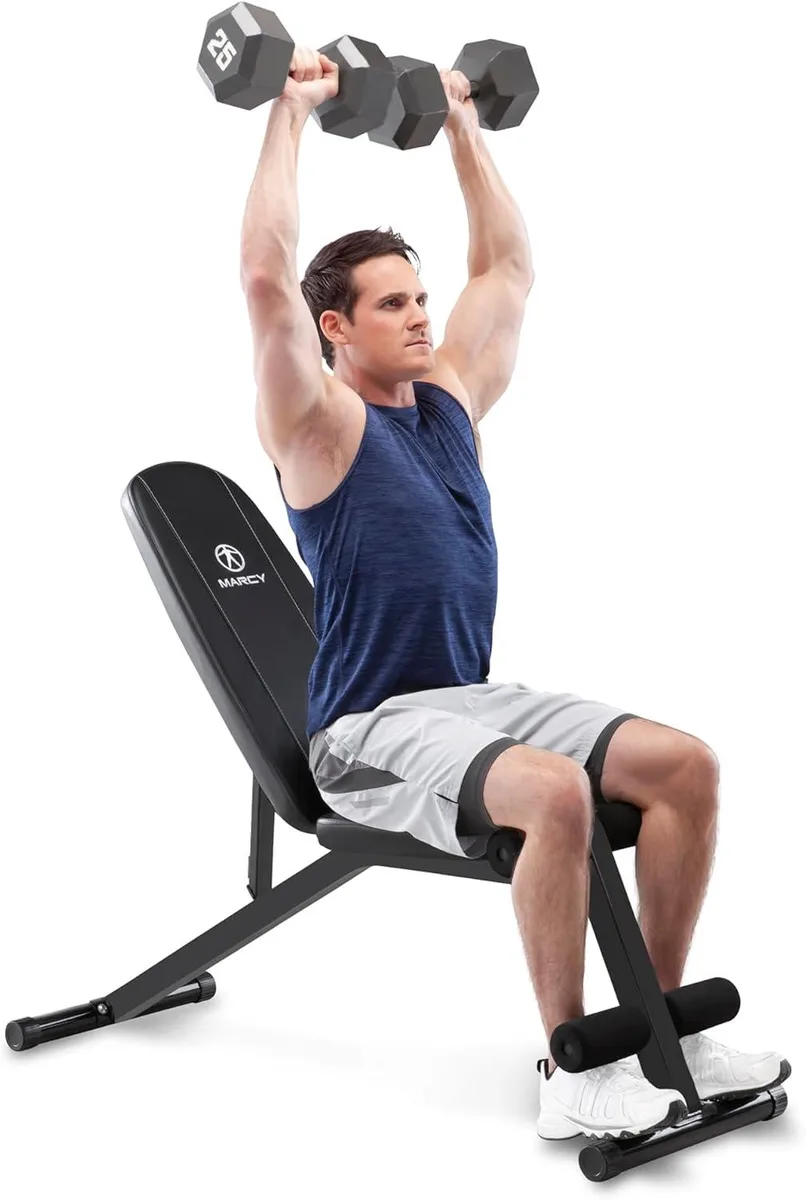 Adjustable utility bench with powder-coated steel frame, padded seat, backrest and leg rollers